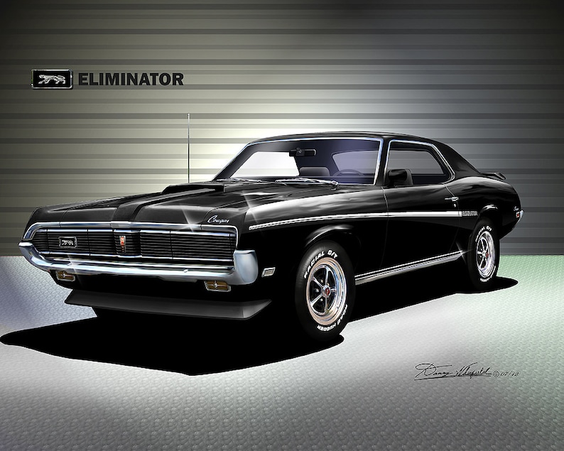 1969 Mercury Cougar art prints By Danny Whitfield Comes in 9 different exterior color Car Enthusiast Wall Art BLACK