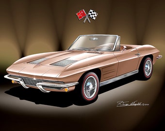 1963-1967 C2 Chevrolet Corvette Convertible Art Print By Danny Whitfield | Comes in 10 different exterior colors | Car Enthusiast Wall Art