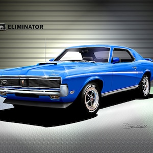 1969 Mercury Cougar art prints By Danny Whitfield Comes in 9 different exterior color Car Enthusiast Wall Art BRIGHT BLUE