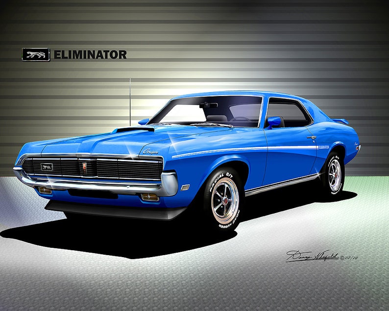 1969 Mercury Cougar art prints By Danny Whitfield Comes in 9 different exterior color Car Enthusiast Wall Art BRIGHT BLUE