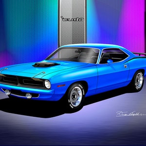 1970 Plymouth Cuda Art Prints By Danny Whitfield  | Group 2 -comes in 6 different exterior colors | car poster wall art vintage prints