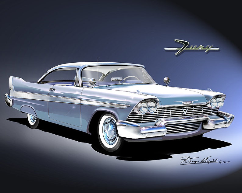 1958 Plymouth Fury Art Prints By Danny Whitfield Comes in 8 different exterior colors Car Enthusiast Wall Art BLUE BONNET BLUE