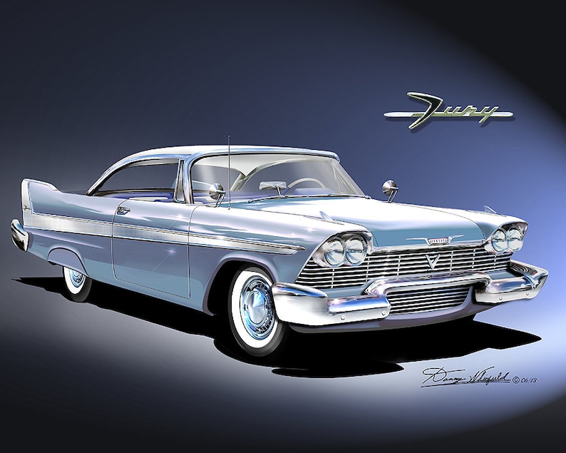 1958 Plymouth Fury Art Prints By Danny Whitfield Comes in 8 different exterior colors Car Enthusiast Wall Art BLUE BONNET BLUE