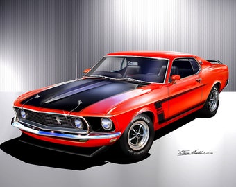 1969 Mustang Boss 302 Fastback Art Prints By Danny Whitfield  | Comes in 4 different exterior colors | Mustang Enthusiast Wall Art