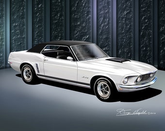 1969 Mustang Coupe Art Prints By Danny Whitfield  | Comes in 6 different exterior color | Mustang Enthusiast Wall Art