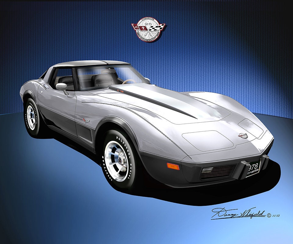 1978 C3 Corvette Silver Anniversary Art print By Danny Whitfield | Comes in 2 different styles- car poster wall art vintage prints