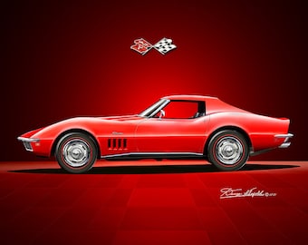 1969 Chevrolet Corvette C3 Roadster Art Prints By Danny Whitfield  | Coupe comes in 9 different models| Car Enthusiast Wall Art