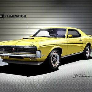 1969 Mercury Cougar art prints By Danny Whitfield Comes in 9 different exterior color Car Enthusiast Wall Art YELLOW