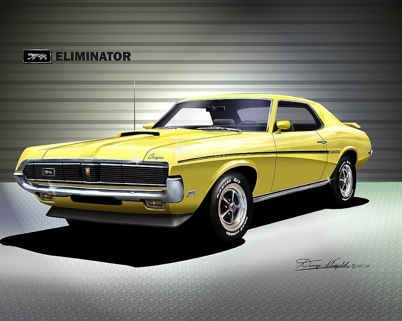 1969 Mercury Cougar art prints By Danny Whitfield Comes in 9 different exterior color Car Enthusiast Wall Art YELLOW