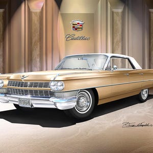 May include: A gold 1964 Cadillac car with a white roof, chrome grille, and chrome bumpers. The vehicle features the Cadillac logo and script on the wall behind it. The license plate reads 1964. The illustration is signed by the artist Danny Whitfield.