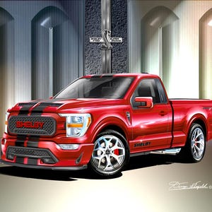 May include: A red Shelby F-150 Super Snake pickup truck illustration. The truck has black racing stripes on the hood and the word "Shelby" on the grille. The truck has chrome wheels and a cobra logo.