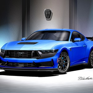 Láminas artísticas del Mustang Dark Horse 2024 de Danny Whitfield. Disponible en 10 colores exteriores diferentes. Impresiones, pinturas y pósteres para hombres.