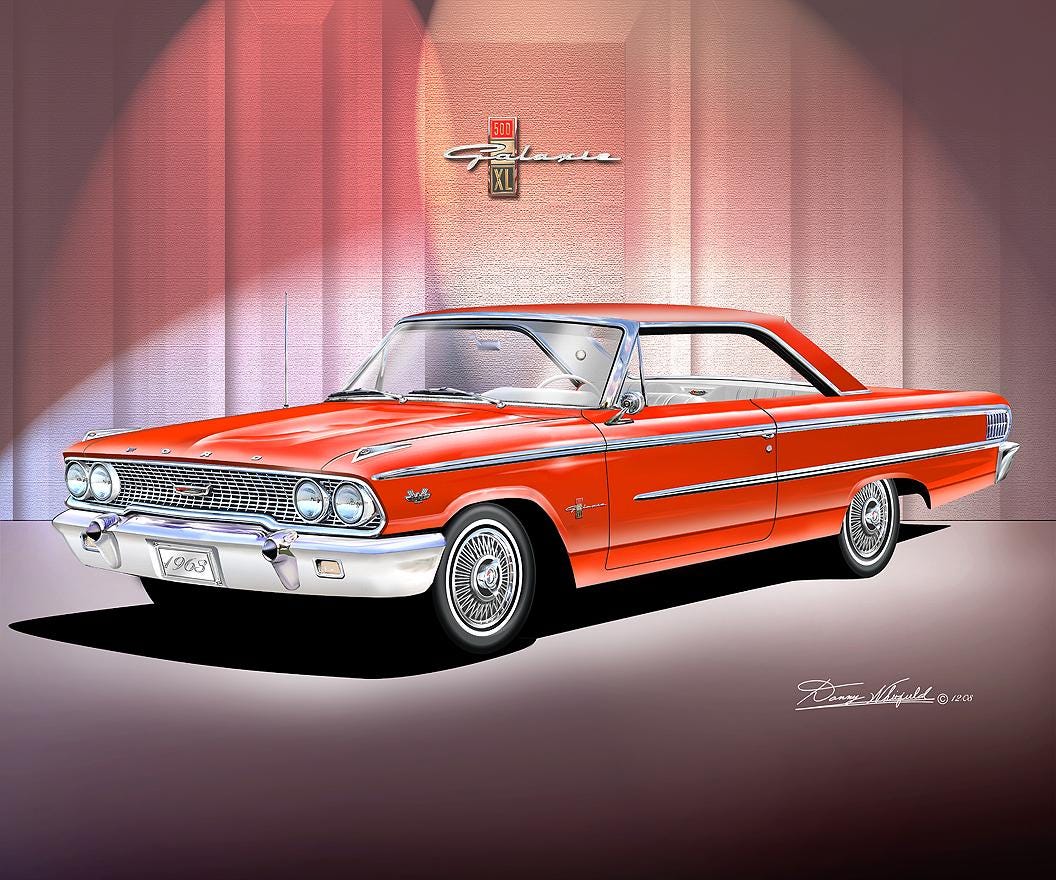 1963 Ford Galaxie 500 XL Art Print, Classic Red Car Illustration