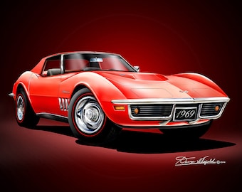 1969 Chevrolet Corvette C3 Art Prints By Danny Whitfield | Coupe comes in 3 different exterior colors | Car Enthusiast Wall Art