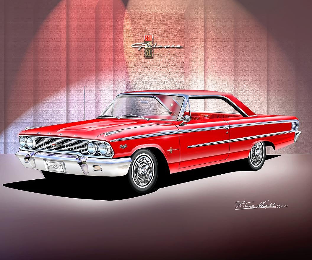 1963 Ford Galaxie 500 XL Art Print, Classic Red Car Illustration