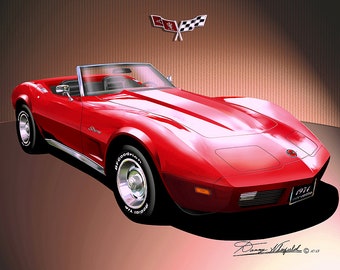 Chevrolet Corvette Art Prints By Danny Whitfield  | 1973-1974 | C3 Corvette Comes in 4 different exterior colors| Car Enthusiast Wall Art