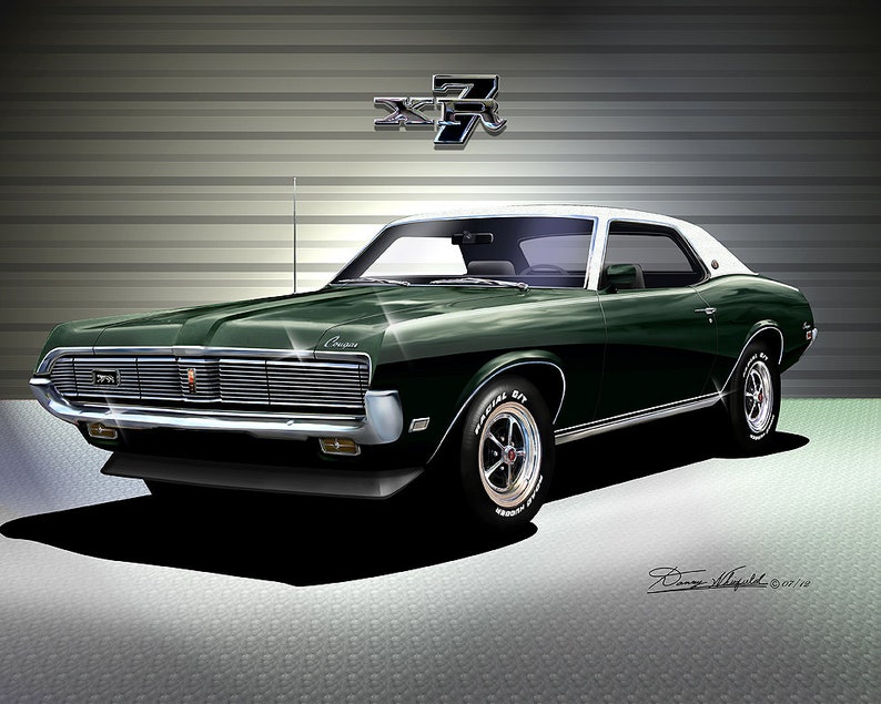 1969 Mercury Cougar art prints By Danny Whitfield Comes in 9 different exterior color Car Enthusiast Wall Art DARK IVY GREEN