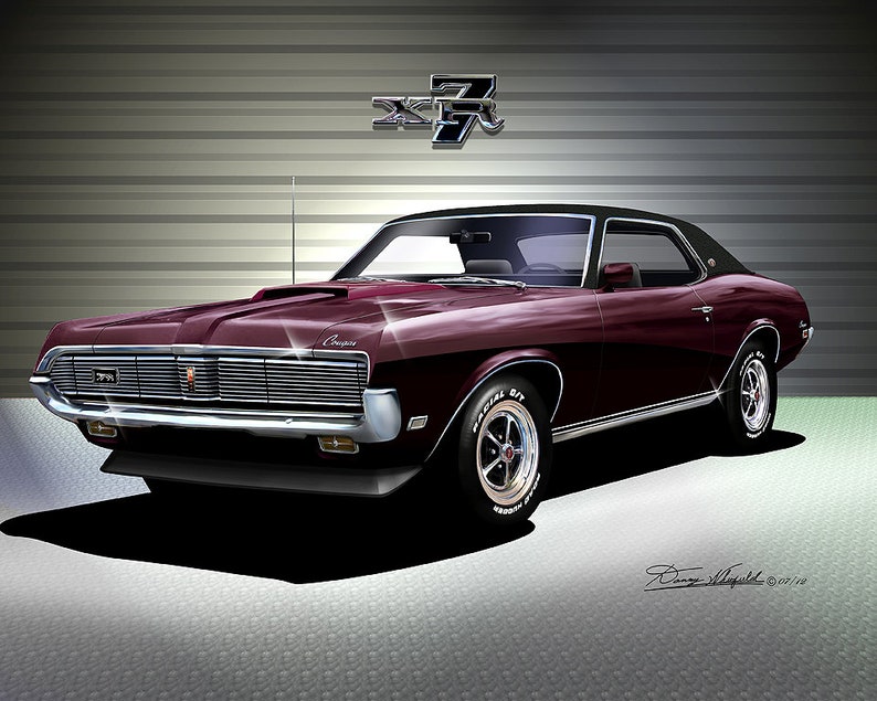 1969 Mercury Cougar art prints By Danny Whitfield Comes in 9 different exterior color Car Enthusiast Wall Art MAROON