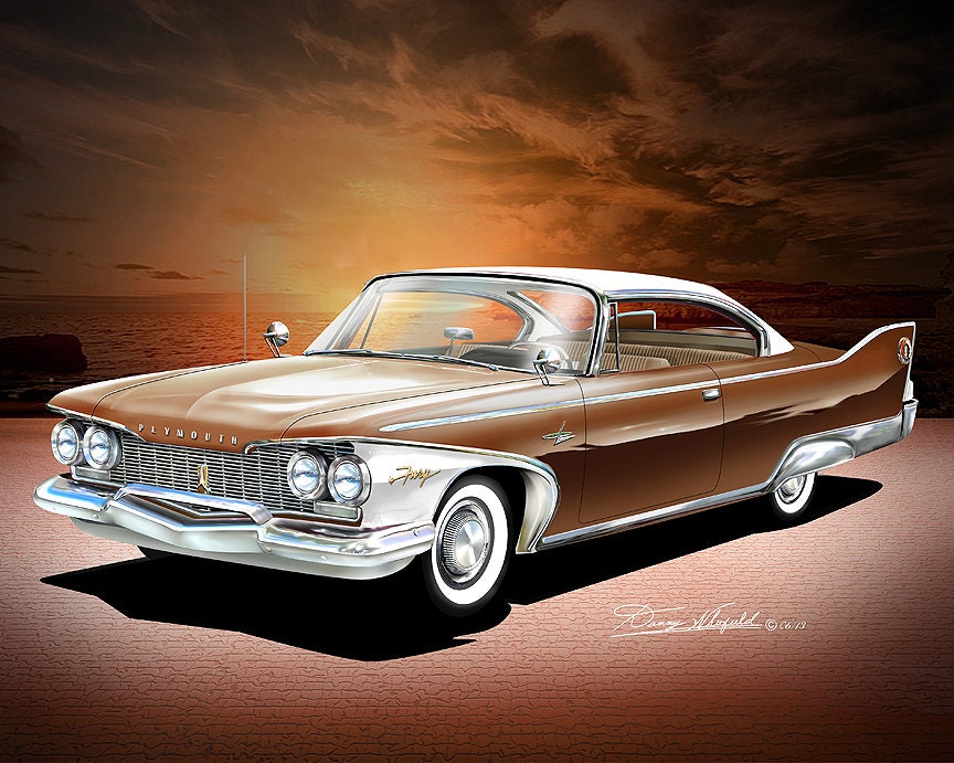 希少1960-70s ミッドセンチュリー コンキスタドール レリーフアート Classic 1960 Plymouth Belvedere Purple Car Loveless Drug Store
