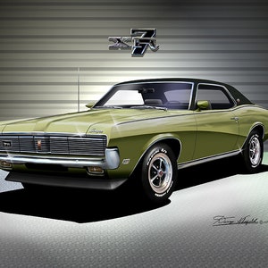 1969 Mercury Cougar art prints By Danny Whitfield Comes in 9 different exterior color Car Enthusiast Wall Art MEDIUM LIME