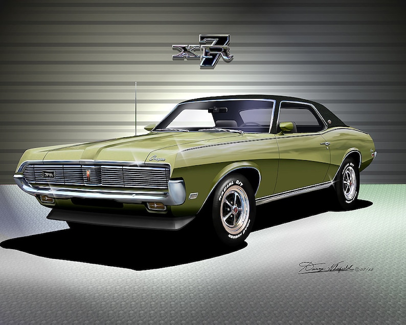 1969 Mercury Cougar art prints By Danny Whitfield Comes in 9 different exterior color Car Enthusiast Wall Art MEDIUM LIME