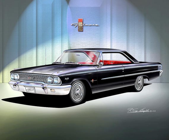 1963 Ford Galaxie 500 XL Art Print, Classic Red Car Illustration