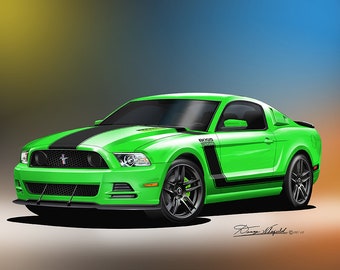 2013-2014 Mustang Boss 302 Art Prints By Danny Whitfield | Comes in 10 different exterior colors | Mustang Enthusiast Wall Art