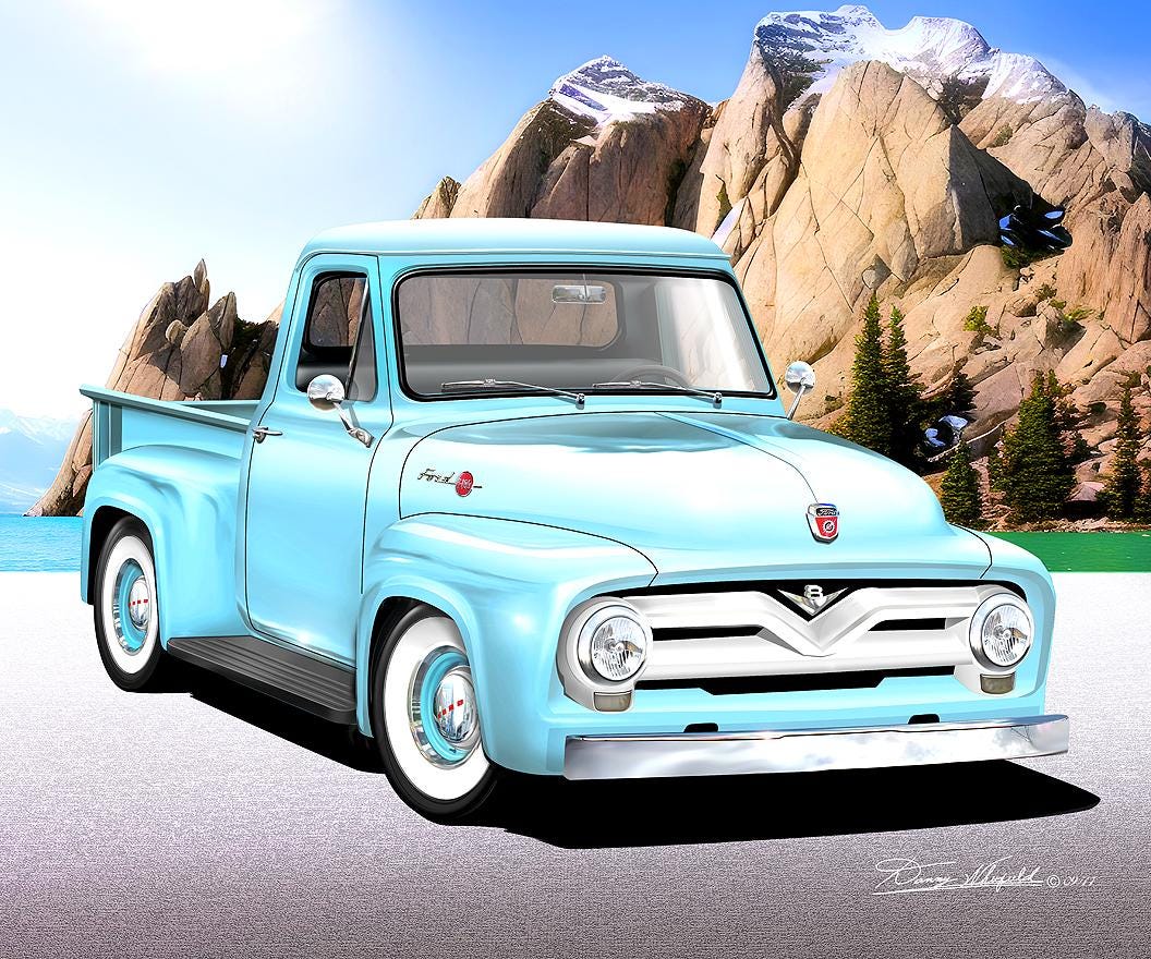 油絵　F100 1955 Ford F100 Pickup Truck Art Print: Vintage Automotive Wall Art