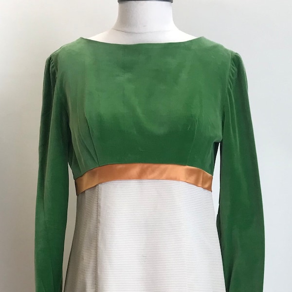 Vintage Green Velvet and Beige Long Sleeve Empire Maxi Dress