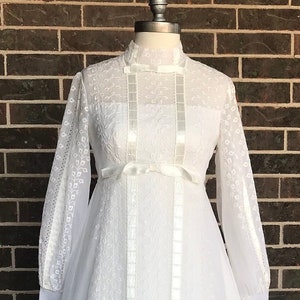 Vintage Regency Style Embroidered Long Sleeve Wedding Gown with Empire Waist and Mock Neckline