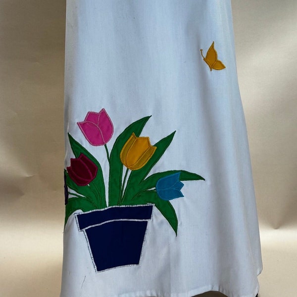 Vintage White Canvas Wrap Maxi Skirt with Tulip Applique