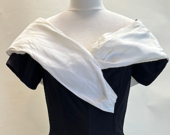 Vintage Black & White Shawl Collared Short Sleeve Party or Prom Dress