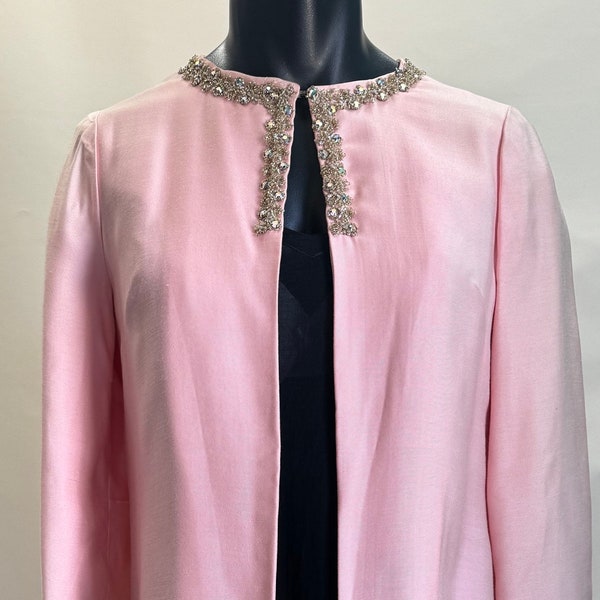 Vintage Pink Dress Swing Coat with Crystal Trim at Neckline and Side Slits