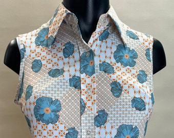 Haut sans manches en polyester à fleurs turquoise et orange « Sears » vintage