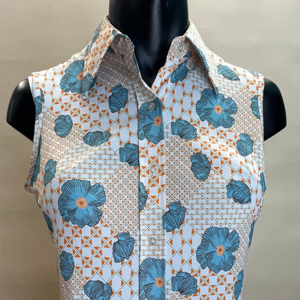 Vintage “Sears” Turquoise and Orange Floral Sleeveless Polyester Top