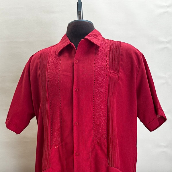 Vintage Guayabera “Chichen” Red Linen Men’s Shirt