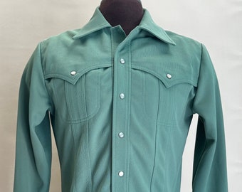 Vintage „King’s Road by Sears Men’s Store“ Grüne Polyester Western-Jacke / Hemd mit Perlen-Druckknöpfen