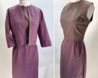 Vintage 2pc Dress Set//Purple & Brown plaid Dress and Jacket//Madmen Era dress set