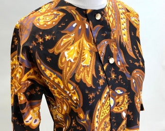 Classic Vintage 1960s Paisley Dress//gold-black-blue//false placket