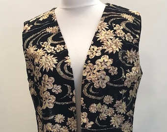 Vintage Long Black Vest with Cream, Gold and Copper Floral Design