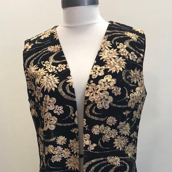 Vintage Long Black Vest with Cream, Gold and Copper Floral Design