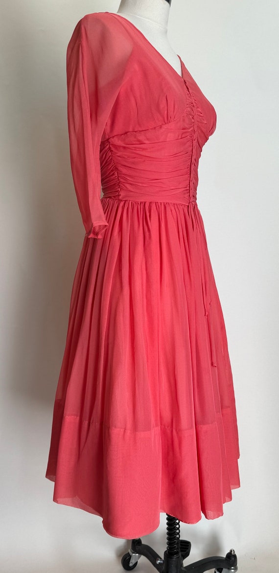 Vintage 1950’s Coral Chiffon Fit and Flare Dress - image 5