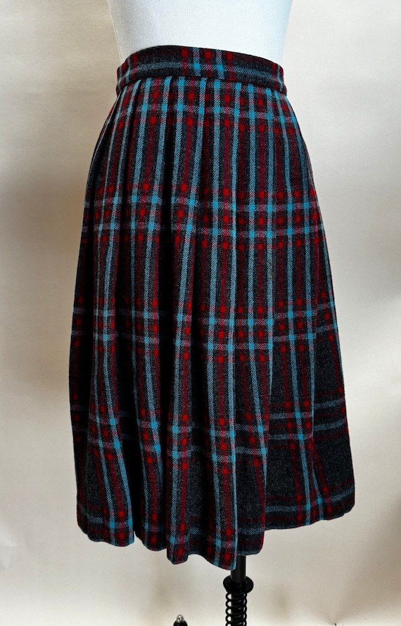 Vintage Red, Blue and Dark Gray Pleated Wool Skirt