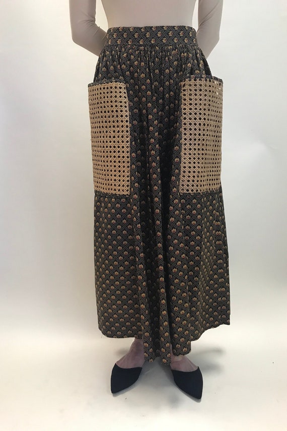 Unique 1970's Cotton Print Skirt with Woven Rattan