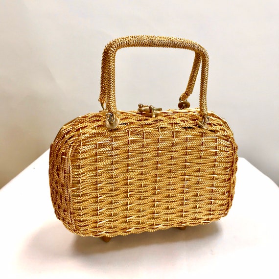 Vintage Gold Wicker purse//Metallic Gold Basket E… - image 2