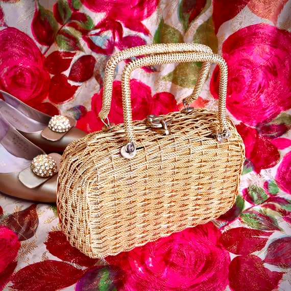 Vintage Gold Wicker purse//Metallic Gold Basket E… - image 1