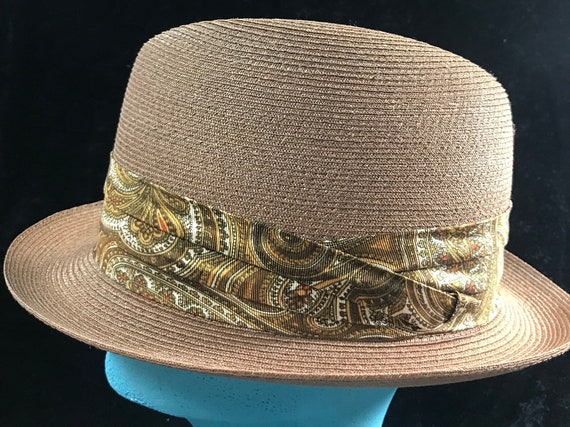 Vintage Braided Brown Straw Panama Hat with Paisl… - image 3