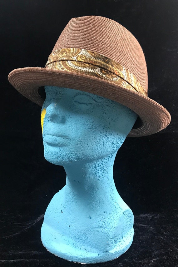 Vintage Braided Brown Straw Panama Hat with Paisle