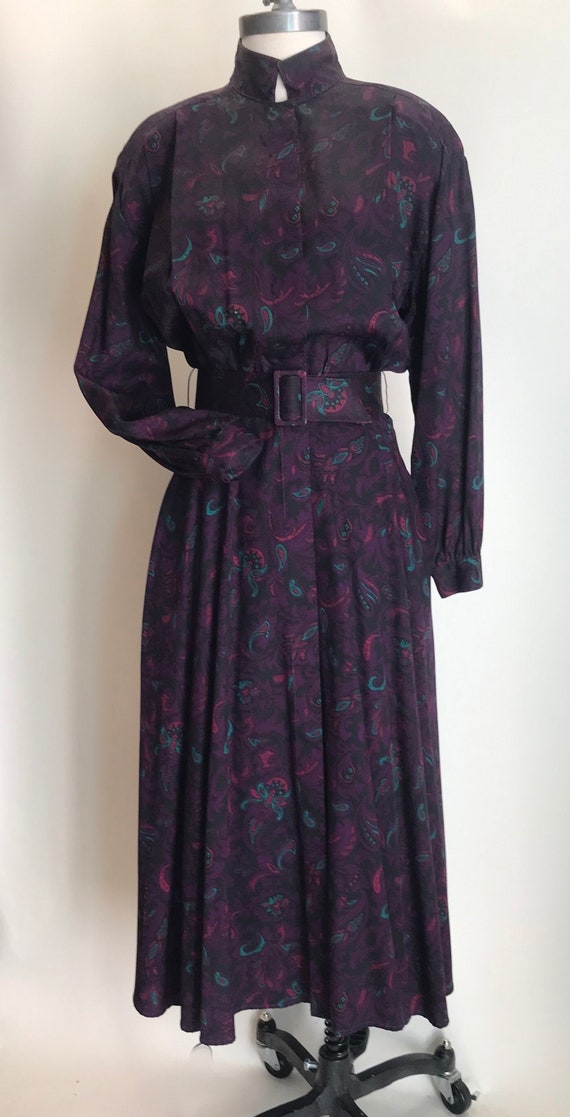 Vintage 1980’s Purple Paisley Mid Calf Dress with… - image 1