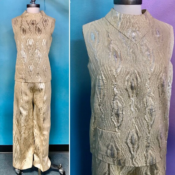 Vintage 60s SciFi silver brocade top+pant Set// Sh